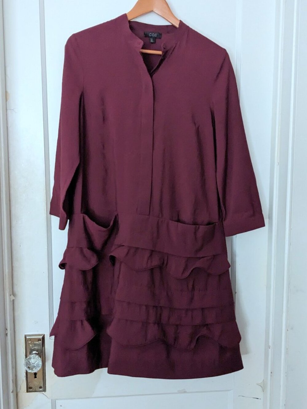 COS Scalloped Trim Layered Ruffle Mini Dress Long Sleeve Pocket Burgundy Size 6 - Picture 4 of 11